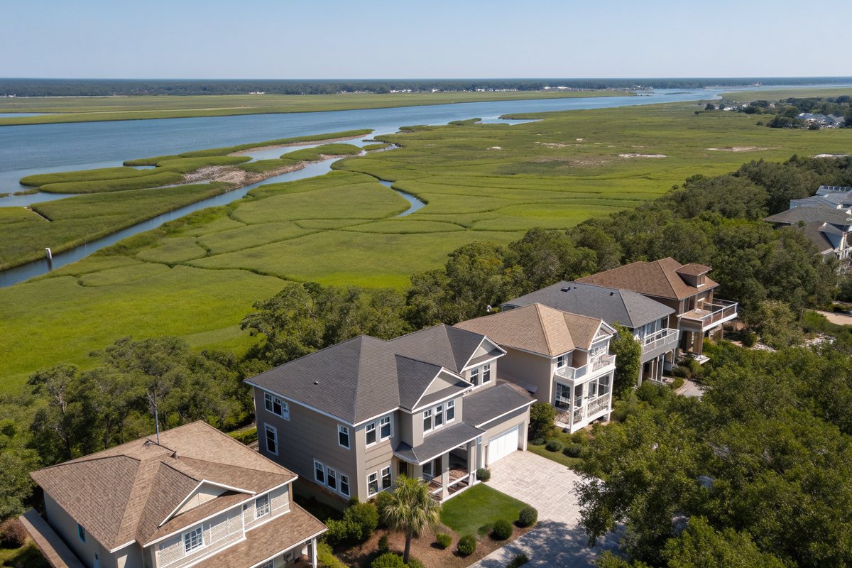 Aerial view of two-story shingle-roofed homes beside green tidal marsh and a winding creek