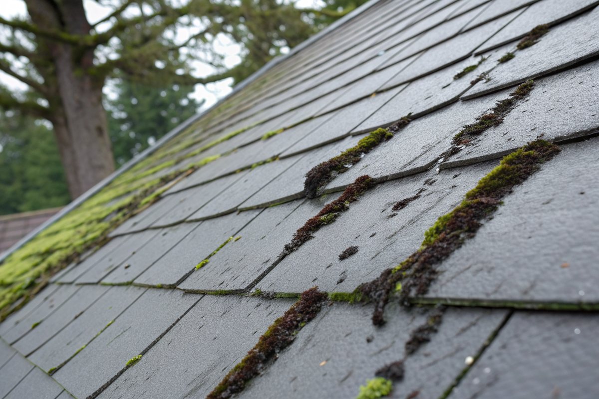 Dark algae and moss streaks running down a gray shingle roof