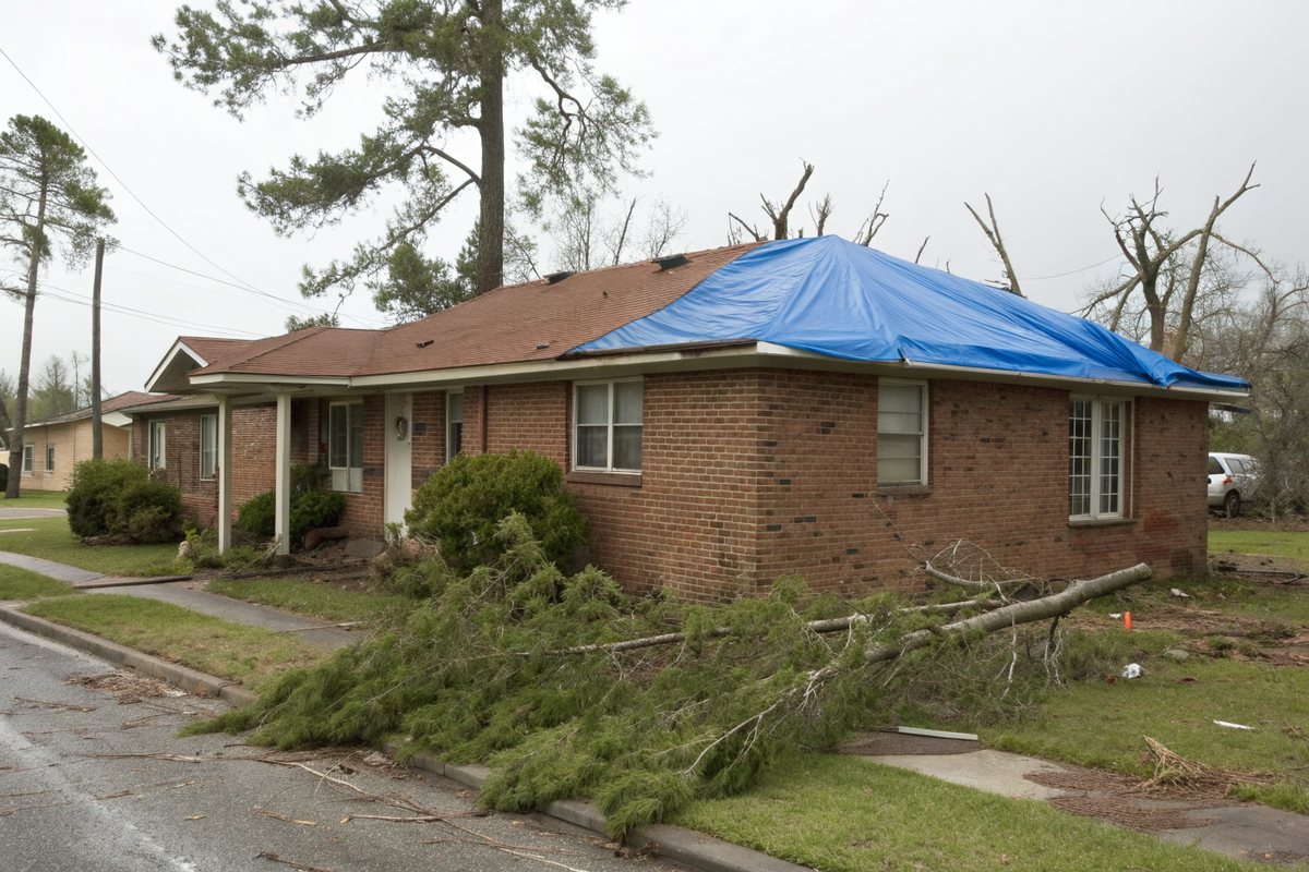 A brick ranch house with a blue tarp over part of its roof and storm-broken branches in the yard