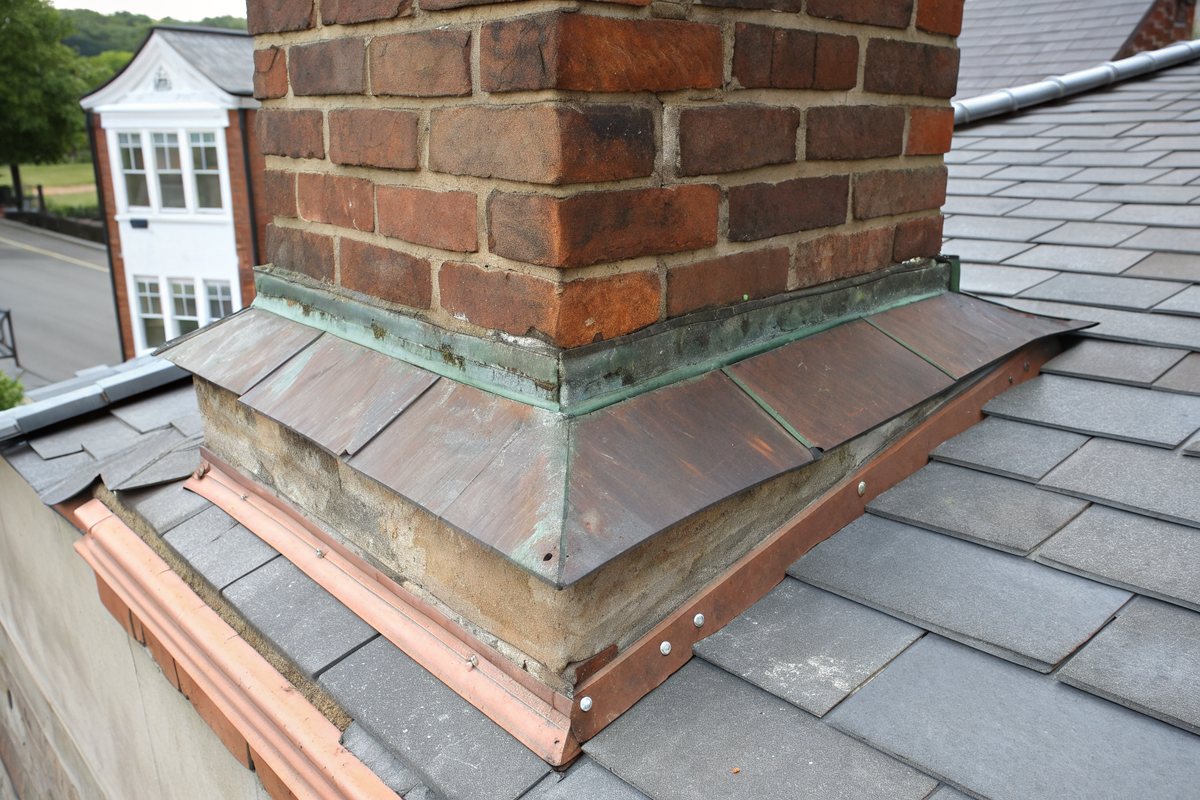 Copper flashing where an old brick chimney meets a gray slate roof