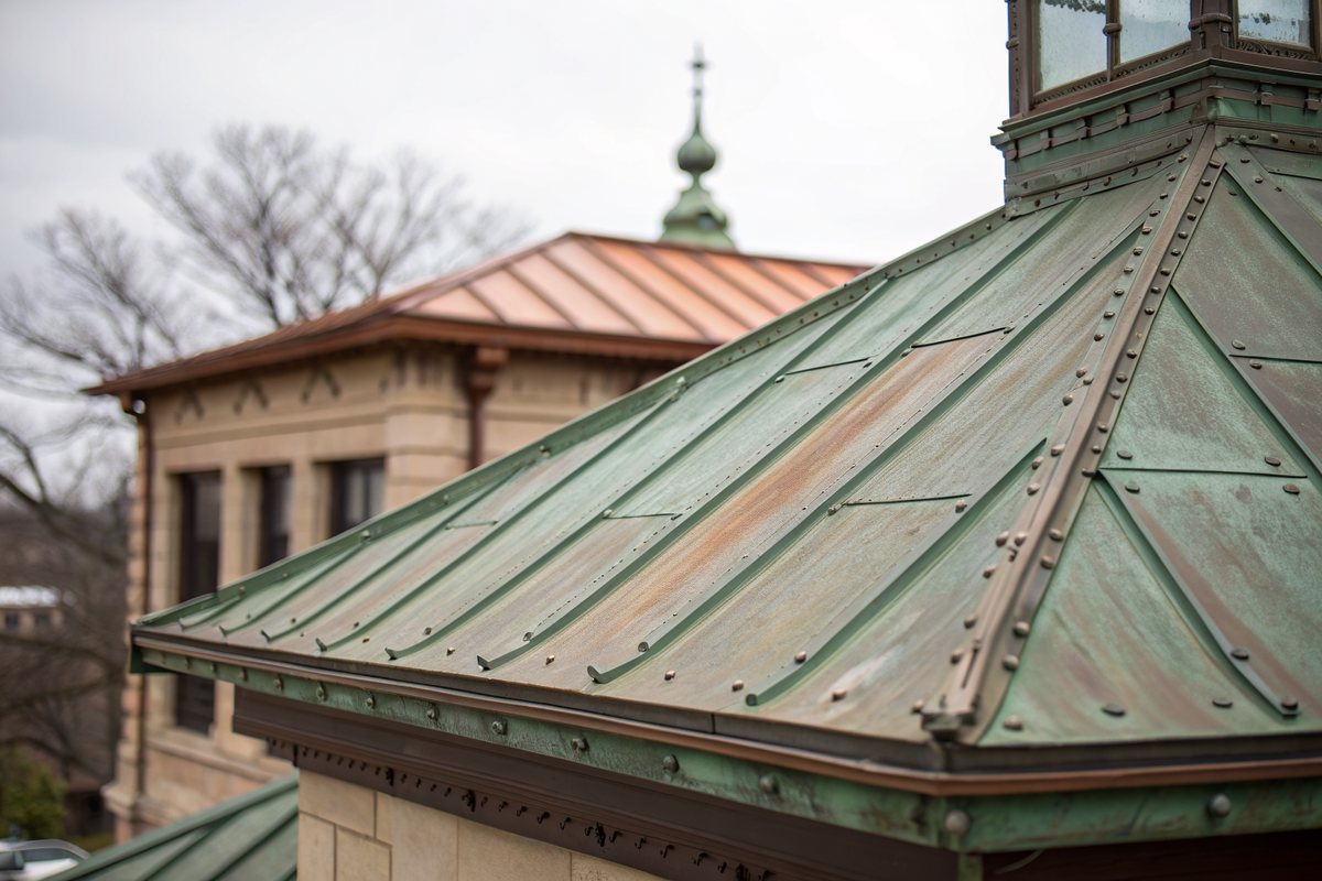 A weathered green copper standing-seam roof with crimped seams on an older building