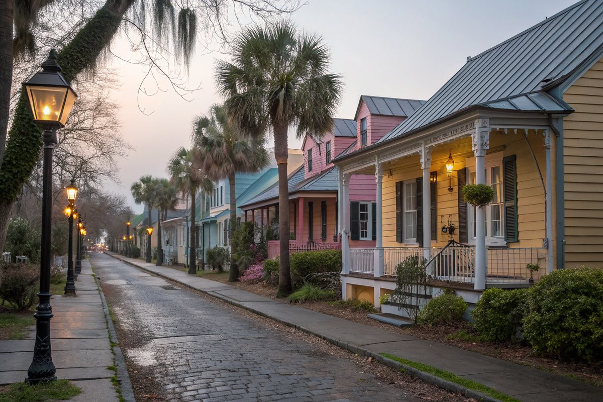 A row of colorful older houses with porches and metal roofs along a narrow cobblestone street with gas lanterns