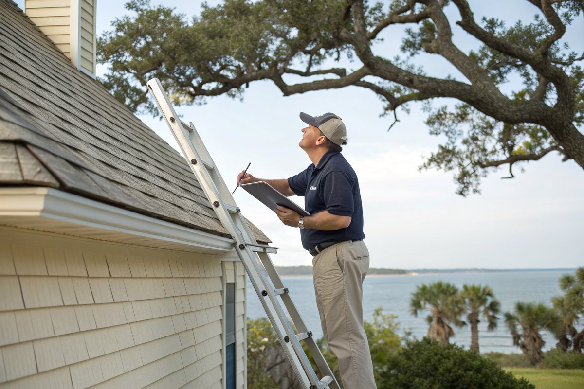 A man on a ladder with a clipboard looking at the shingle roof edge of a sided house near the water