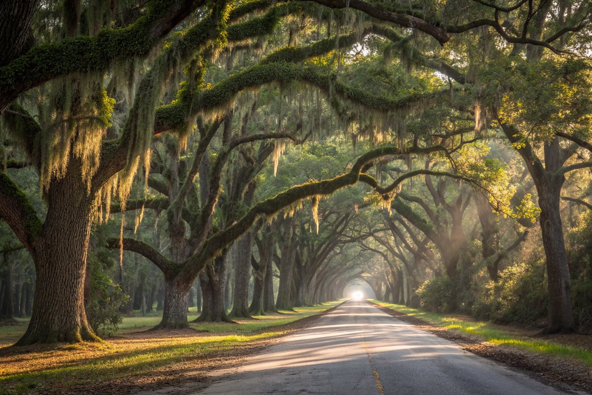 A road under a canopy of huge live oaks hung with Spanish moss