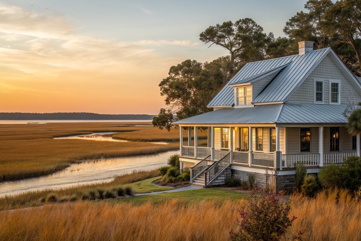 A cottage with a silver metal roof and a wide front porch beside a golden salt marsh at sunset