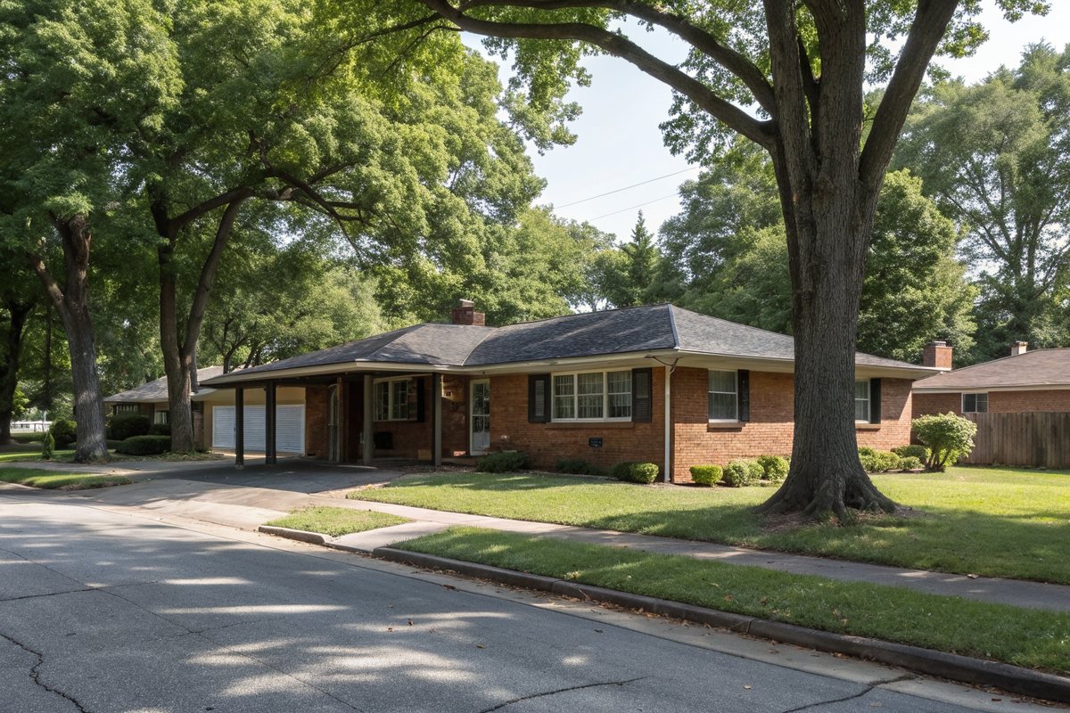A one-story brick house with a charcoal shingle roof and a carport on a tree-lined street