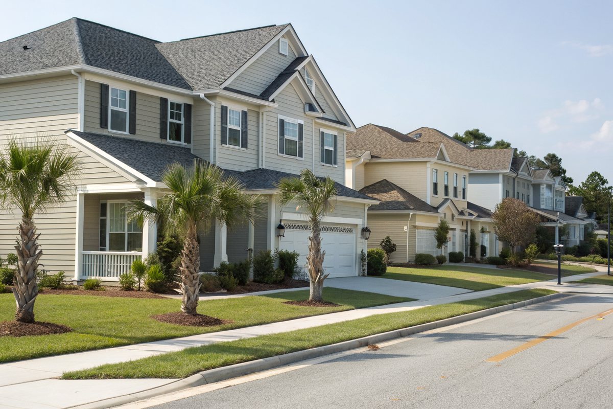 A street of newer two-story homes with gray shingle roofs and young palmetto trees