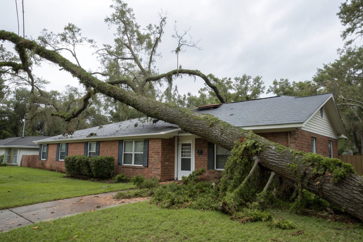 A large fallen tree lying across the roof and yard of a brick ranch house after a storm