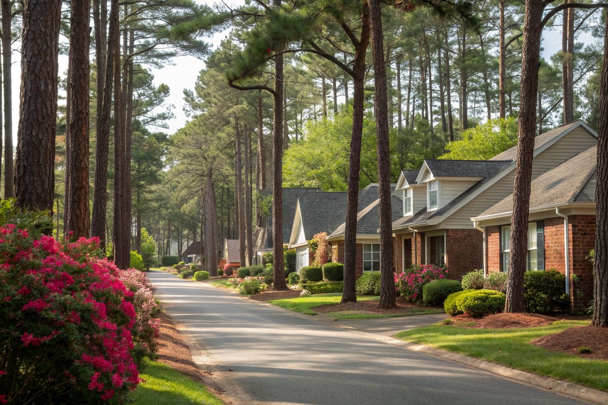 A quiet street of brick and sided homes under tall pine trees with azaleas in bloom