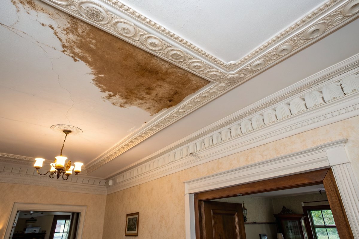 A brown water stain spreading across a plaster ceiling beside ornate crown molding
