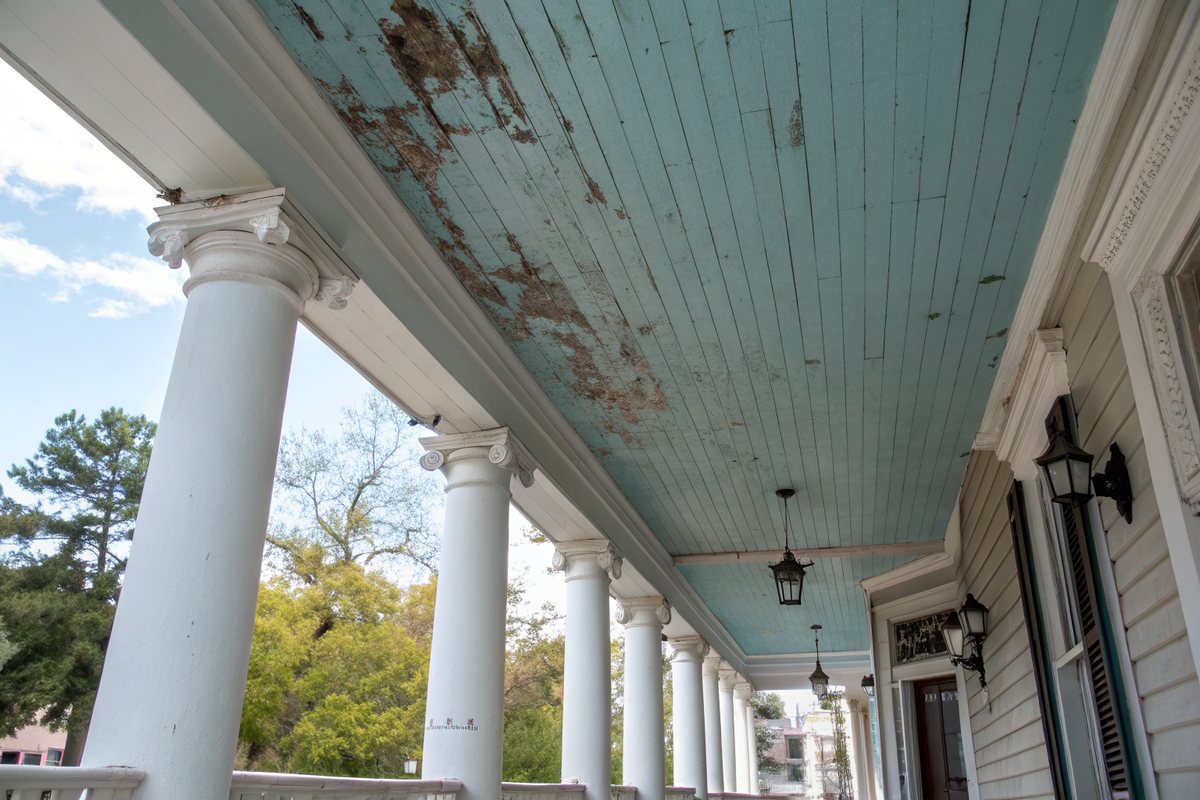 Water stains and peeling paint on a pale blue porch ceiling above white columns