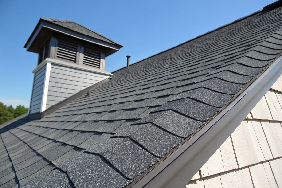 New charcoal shingles and a ridge vent cupola on a freshly replaced roof under a blue sky