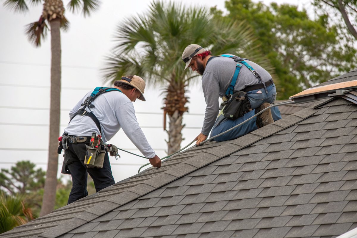 Two roofers in harnesses nailing new gray shingles on a pitched roof with palm trees behind