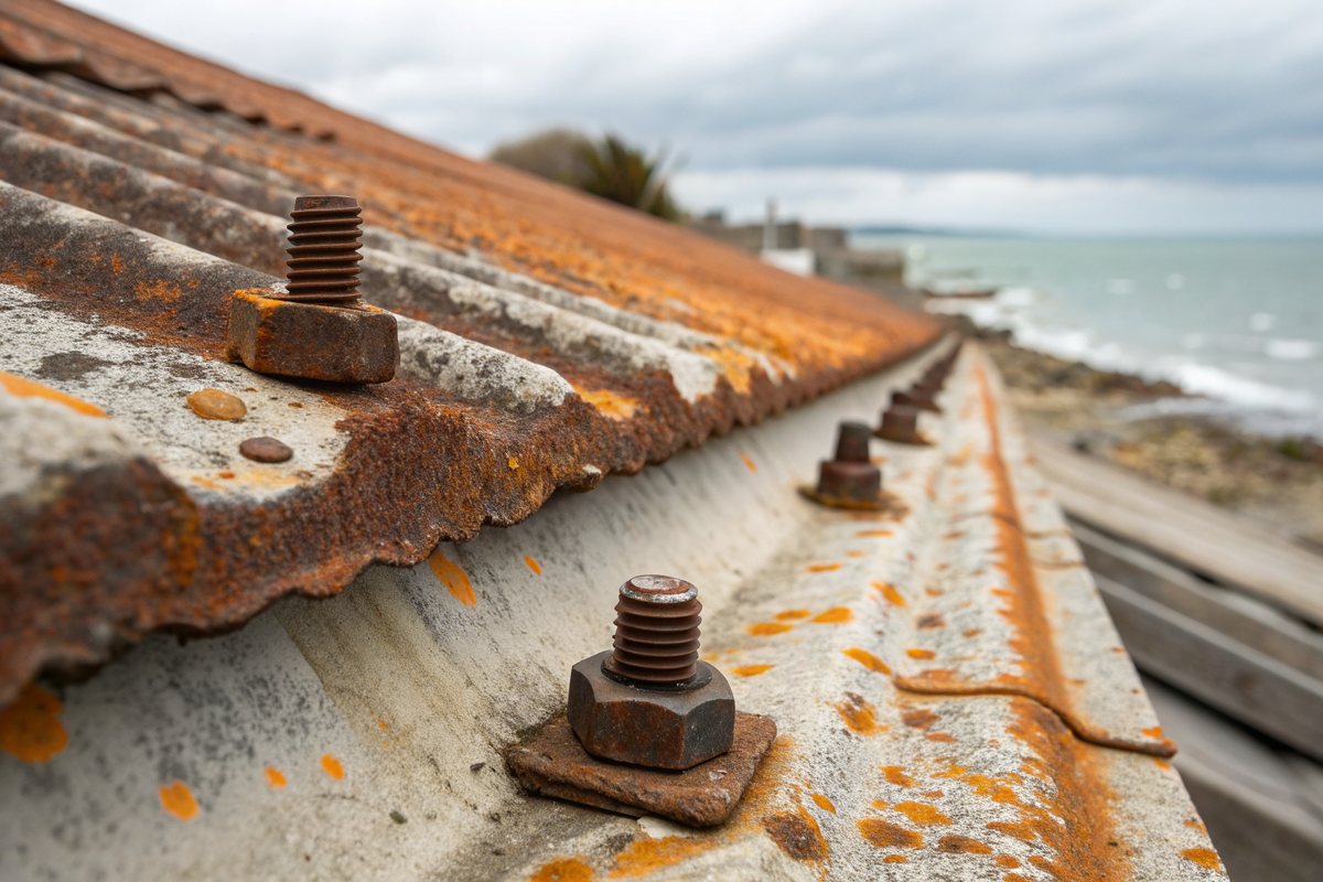 Rusted bolts and orange rust streaks on an old corrugated metal roof near the shore