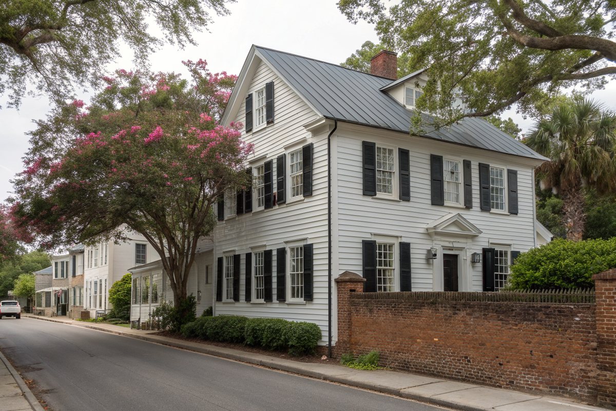 A white two-story historic house with a gray standing-seam metal roof behind a brick wall and a crepe myrtle