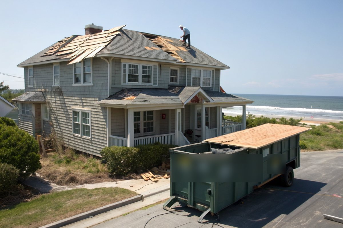 A two-story coastal house with part of its roof torn off to the decking and a dumpster in the driveway