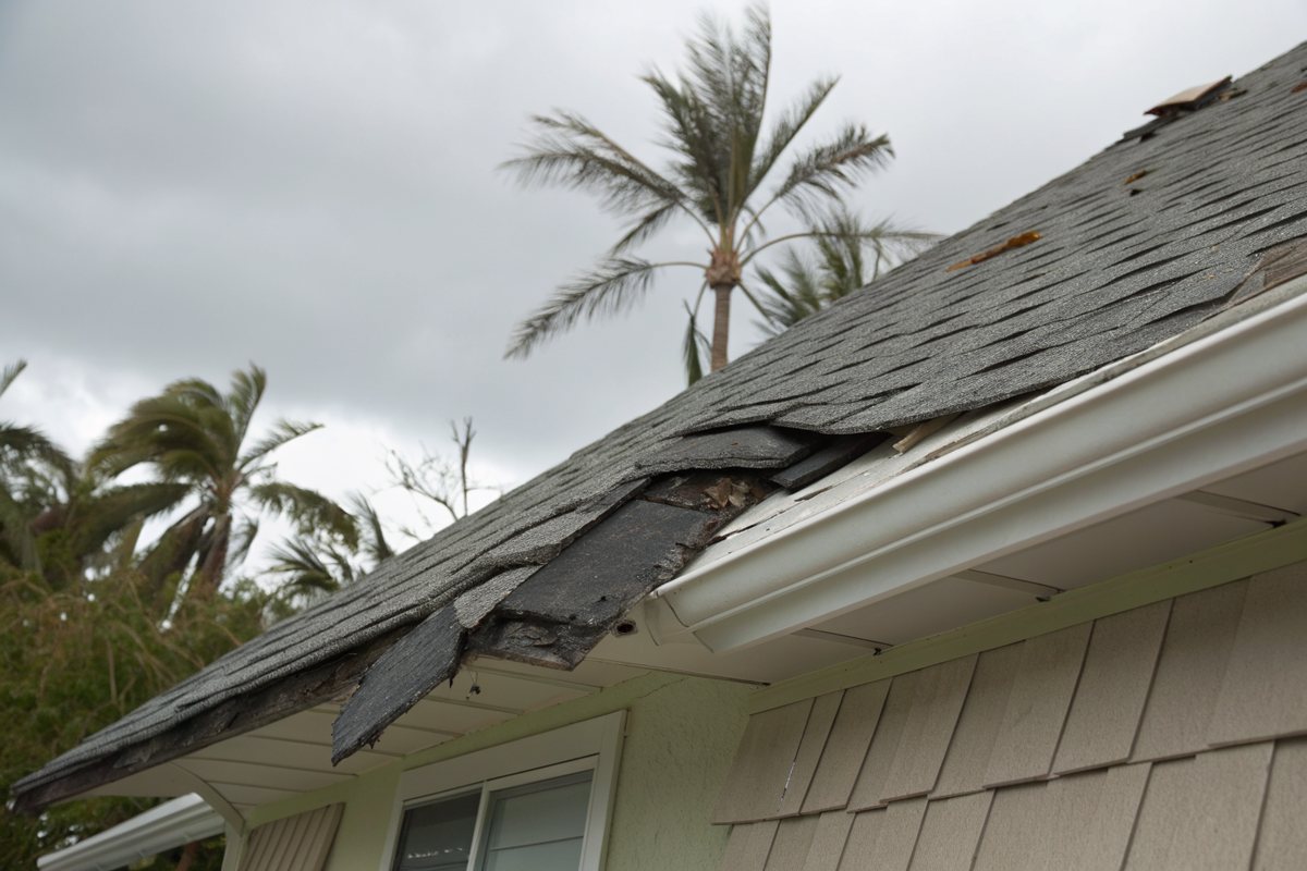 Torn and lifted shingles along a roof edge under a gray sky with windblown palms